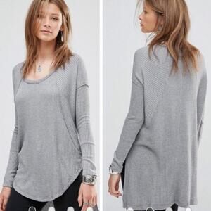 Free People Women's Oversized Waffle Knit Long Sleeve‎ Thermal Top Small Grey